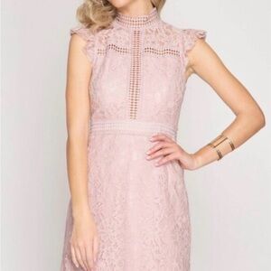 She + Sky Penny Blush Pink Lace Dress with High Neck Ruffle Details Lined Sz M